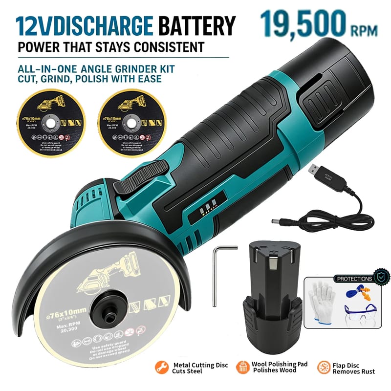 Mini Polizor Unghiular cu 2 Acumulatori 12 V și 2 Discuri
