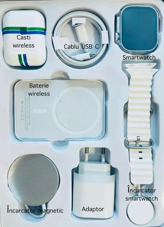 Pachet Ceas Inteligent Ultra X8 cu Căști Wireless Incluse