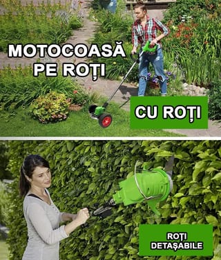 Motocoasă cu Roți și 2 Acumulatori 48 V, Tunzi Gazonul Fără Efort