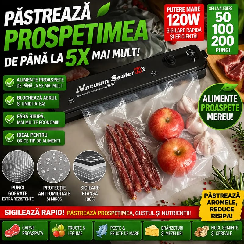 Aparat de Vidat și Sigilat Alimente 120 W, cu 10 Pungi Incluse