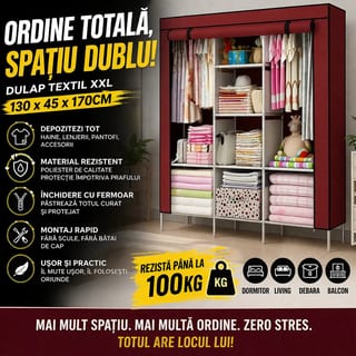 Dulap Textil pentru Haine cu 3 Compartimente, Închidere cu Fermoar, 130 x 45 x 170 cm