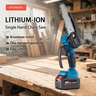 Mini Drujbă Electrică cu 2 Acumulatori 48 V, 2 Lanțuri de Rezervă și Trusă