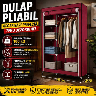Dulap Textil Dublu pentru Haine, 105 x 45 x 175 cm, Cadru Metalic